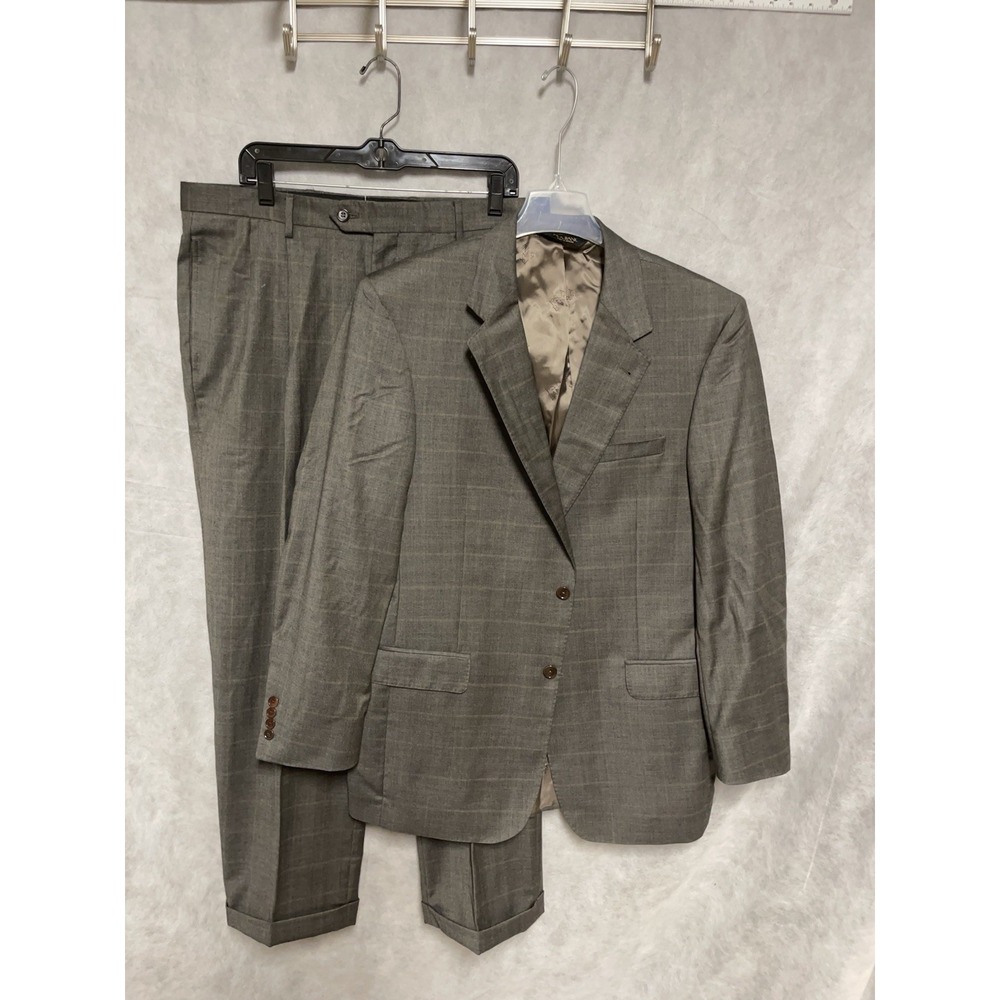 Jos A Bank Suit Men 42L Beige Gray Plaid 2B Signature Gold Wool 36X31 Pants Luxe